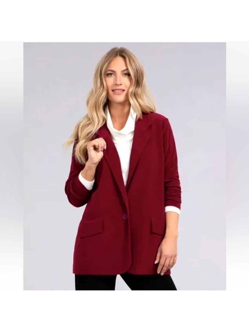 Sympli Canada Burgundy Red 2-Button Blazer Stretch Jersey Collared Sz 4